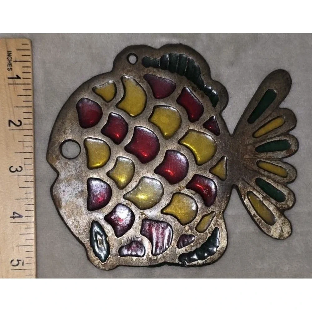 Vintage Fish Trivet Cast Metal Stained Glass Hot Plate Kitchen Pot Rest
